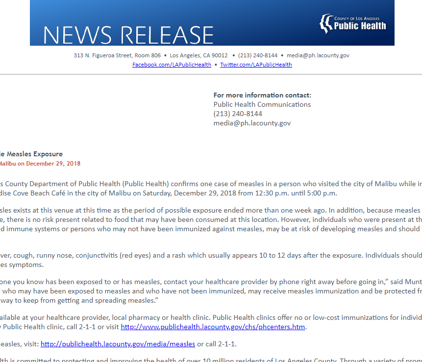 Press Release - Public Health Warns of Possible Measles Exposure